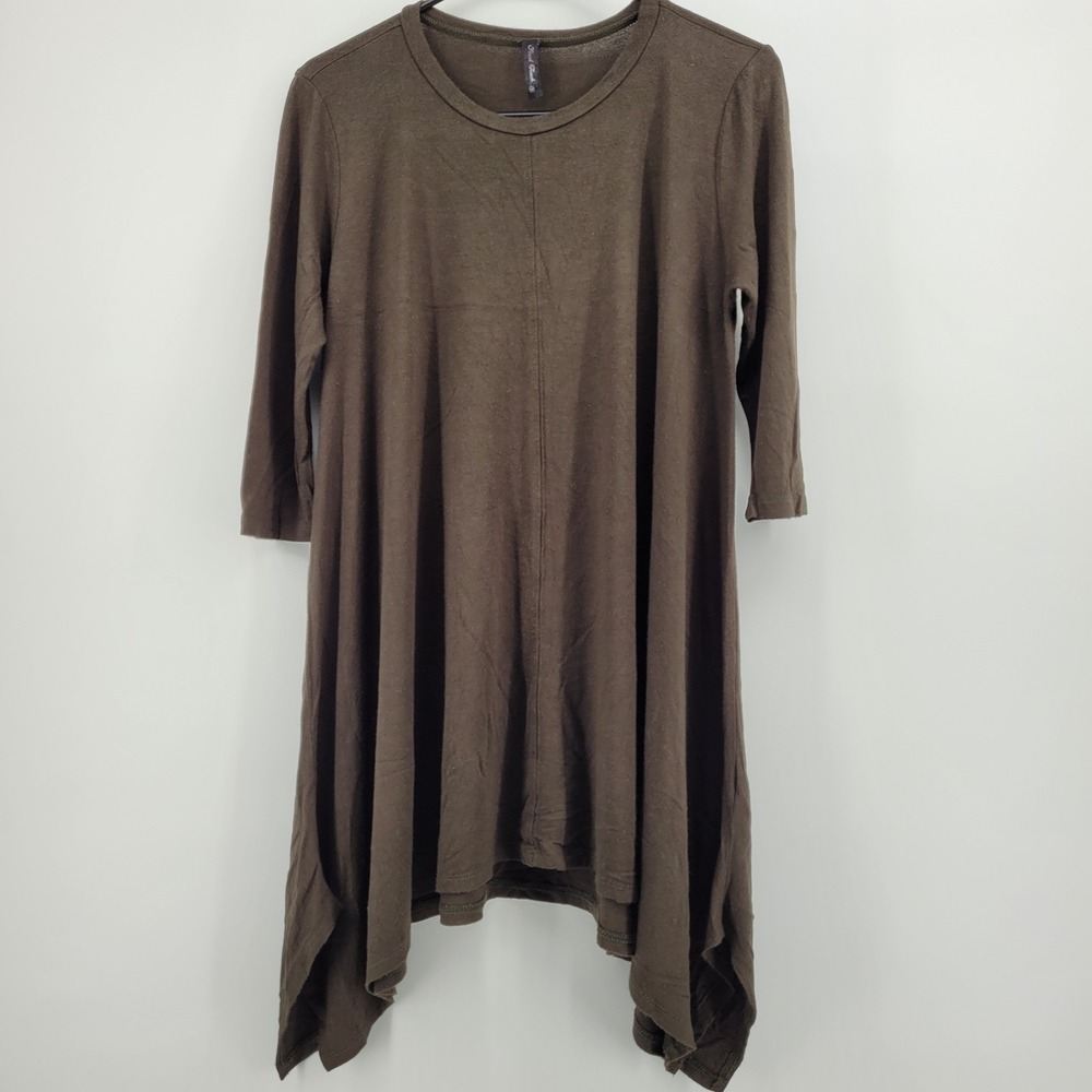 Final Touch Boho Lagenlook Womens S Olive Brown Handkerchief Hem Flowy Tunic Top